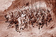 Svatý Václav vyjíždí v čele blanických rytířů z hory (V. Černý, 1898).