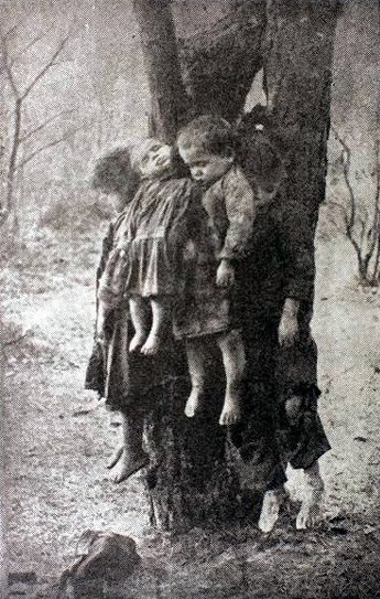 „Věnec“ ze zavražděných dětí v Ternopilu. Banderovci tam poblíž nich vyvěsili transparent „Cesta k nezávislé Ukrajině“.